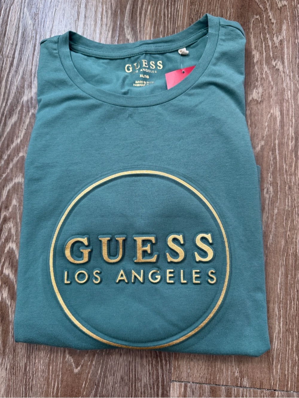 GUESS Teal Crewneck Tee with Gold Logo Circle